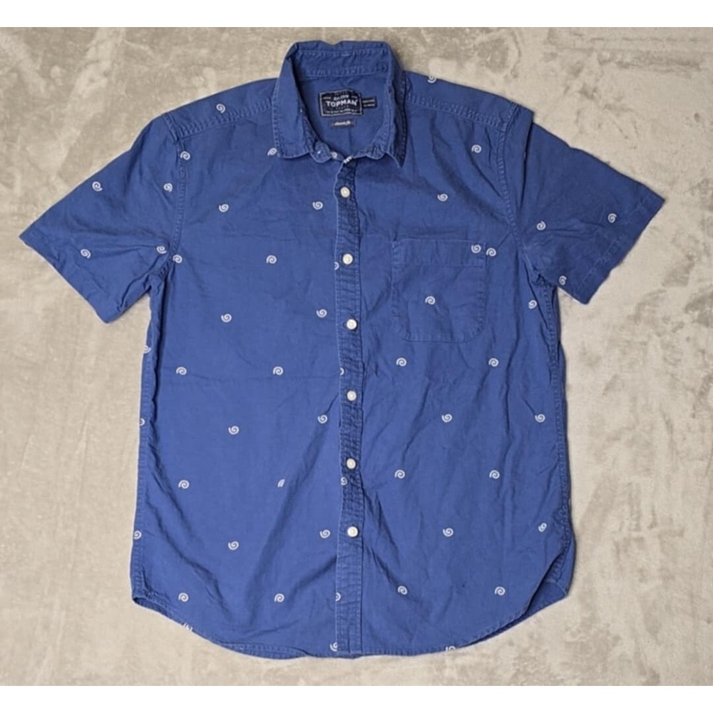 Topman Shirt Mens M Blue All Over Embroidered Print Swirl Pattern Chest‎ Pocket